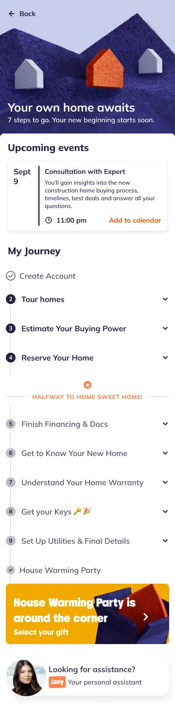 The hub early in the journey: illustrated banner, upcoming events card and the full step list