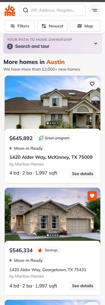 The Jome home screen with the hub collapsed into a single bar above the listings