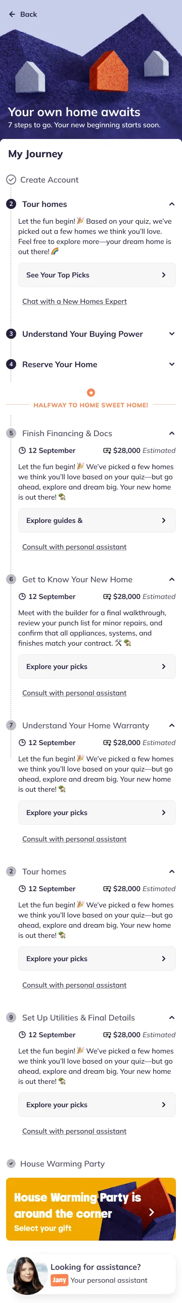 The Buyers Hub page: illustrated banner, My Journey with nine expandable steps, a halfway marker, the housewarming banner and the personal assistant card