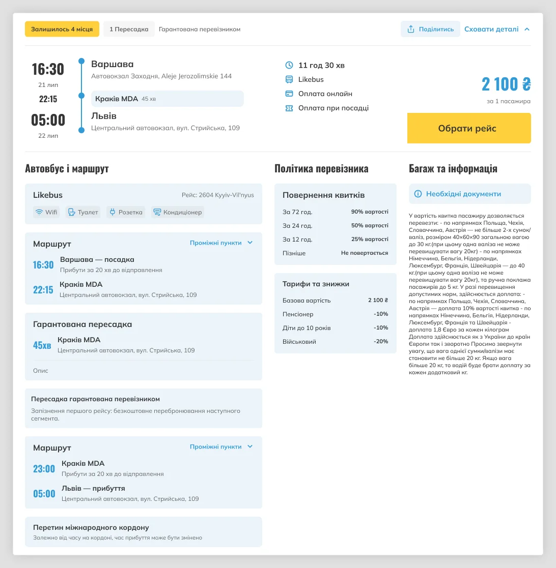 Expanded on demand: the full itinerary, carrier policy, refund terms and required documents — present, but not in the way of the choice.